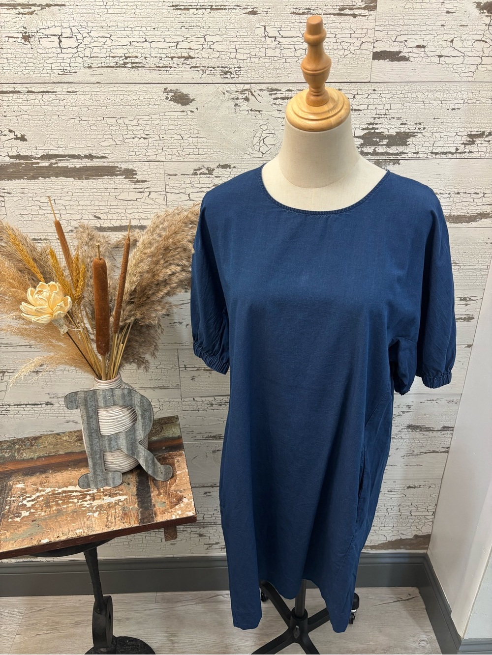 COS Navy Chambray Short-Sleeve Midi Shift Dress